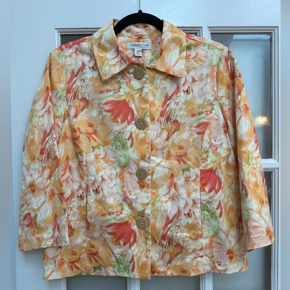 Coldwater Creek Chic Watercolor Floral Button-Front Spring Jacket  Blazer Size S